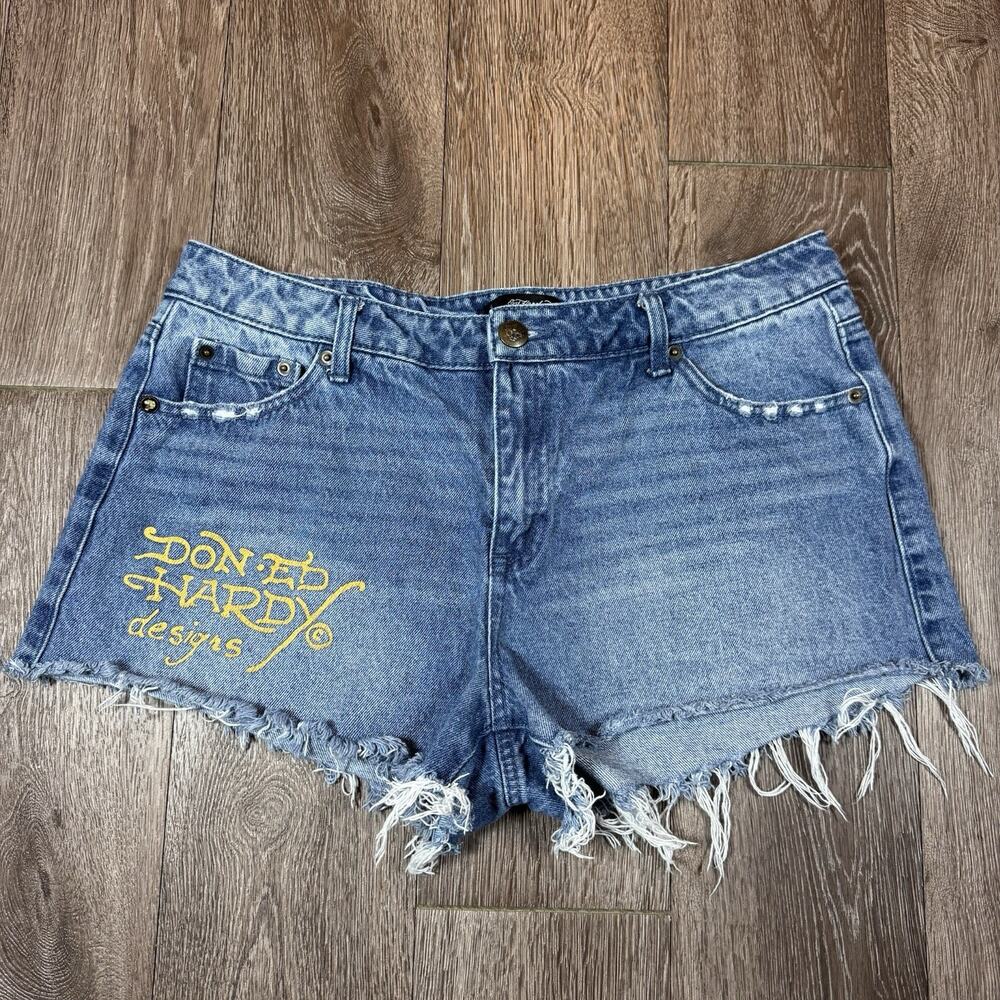 Ed Hardy Blue Denim Cutoff Shorts Dragon Painted Pockets Size XL